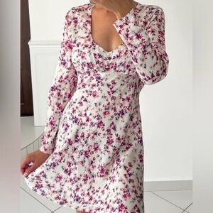 Zara Satin Effect Print Mini Dress Long Sleeve Milk Maid Purple Floral Spring XS